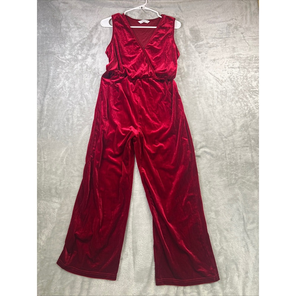 PatPat Womens Velvet Red V Neck Sleeveless Wide Leg Jumpsuit Romper M